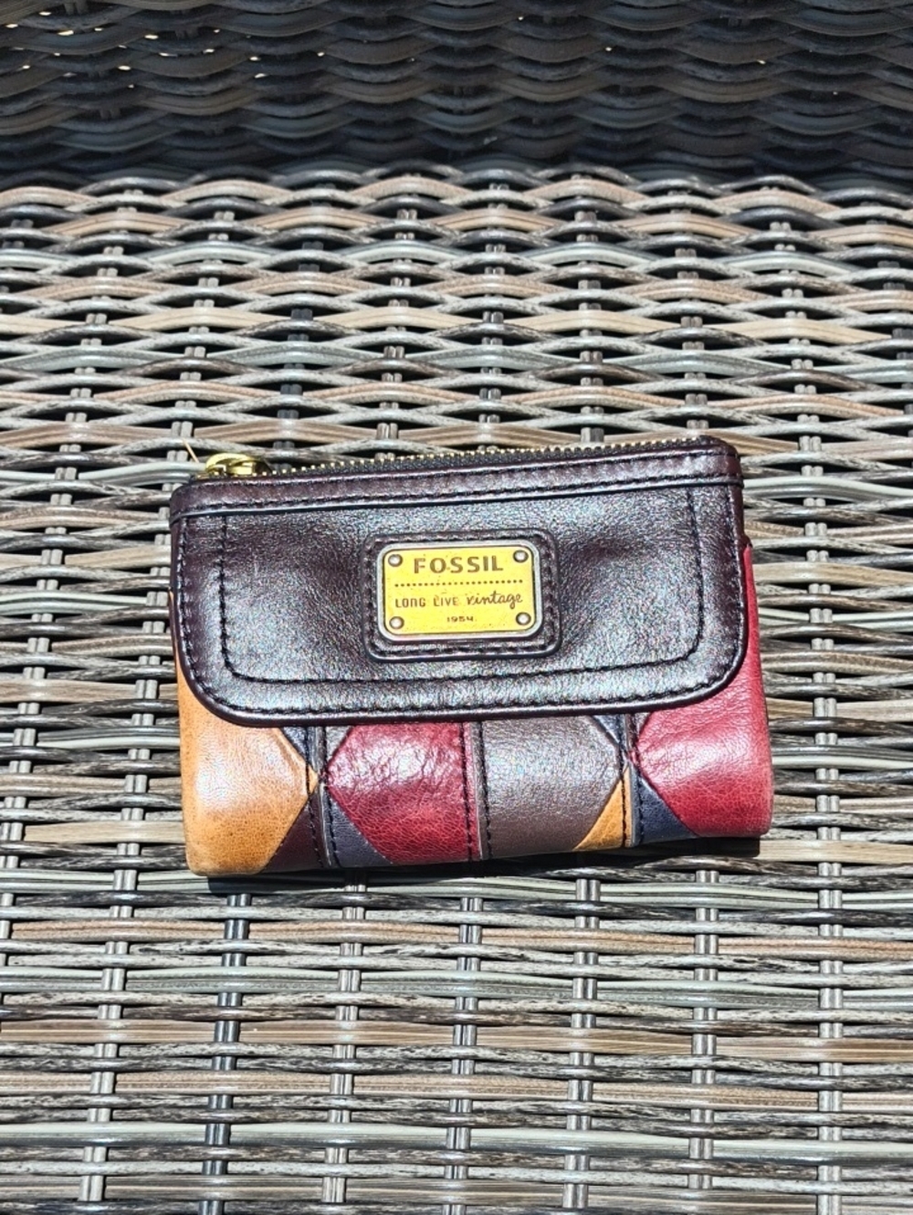 Fossil Patchwork Leather Card & Coin Wallet in Burgundy, Tan and Red